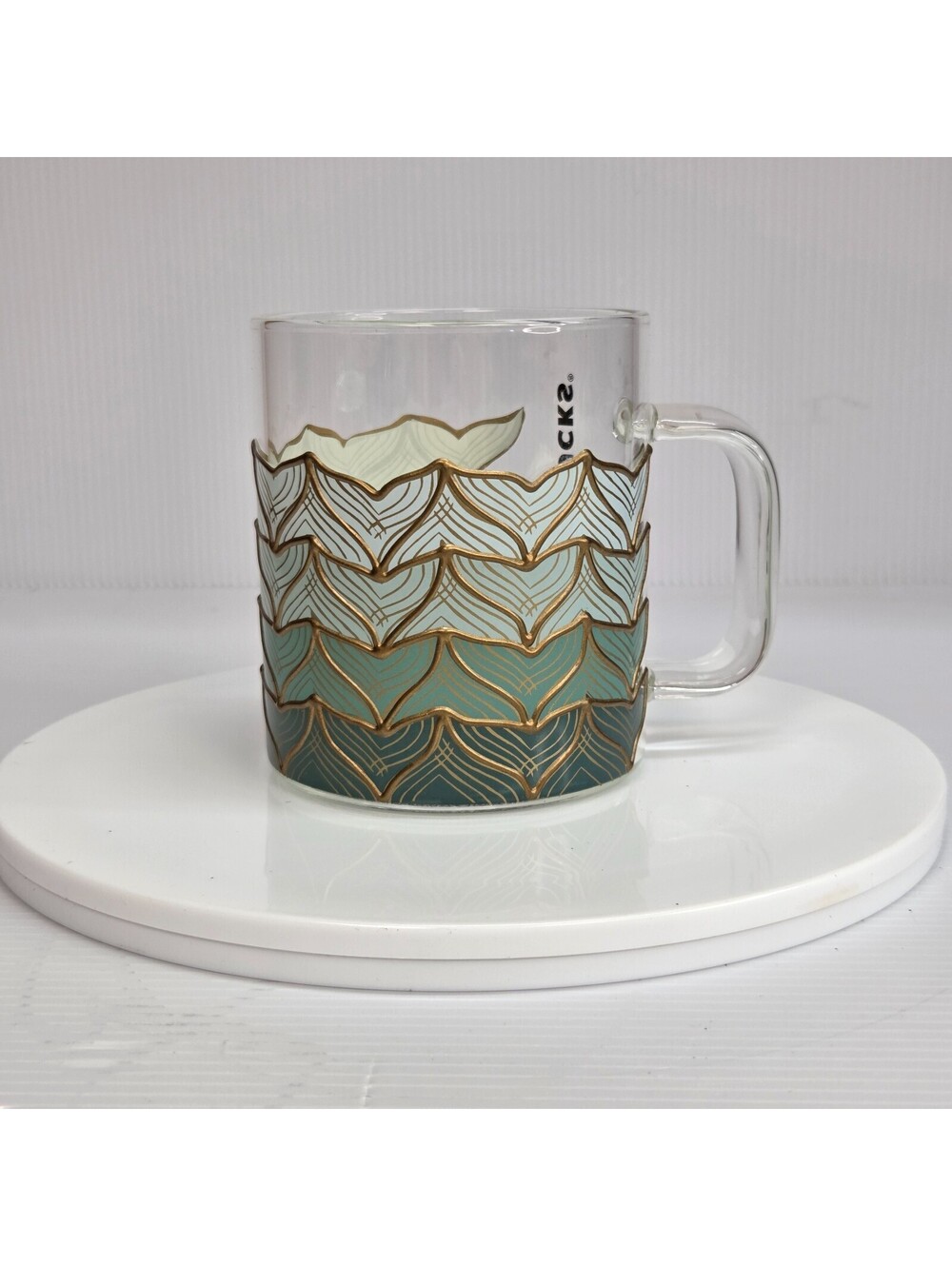 Starbucks Siren Tails Glass Mug 12 oz Teal Gold Clear 2020 Mermaid